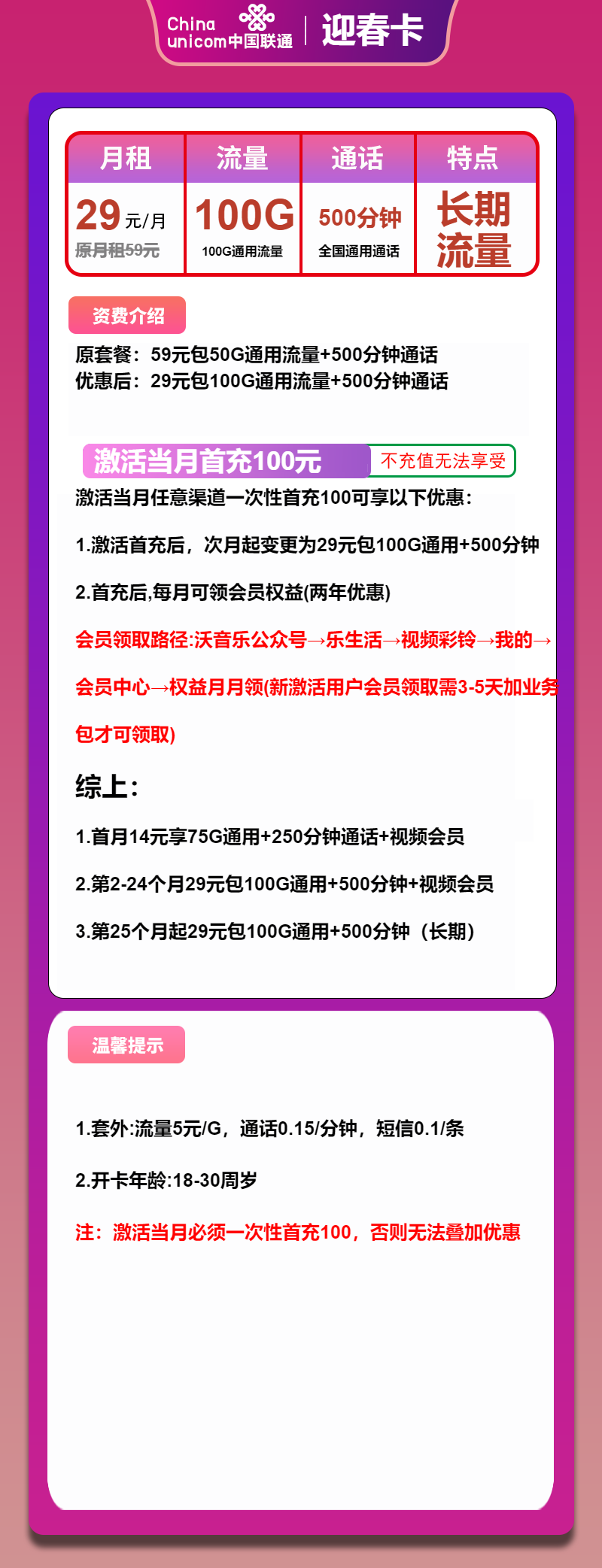 联通迎春卡29元/月：100G流量+500分钟通话+会员（长期套餐，送2年视频会员）