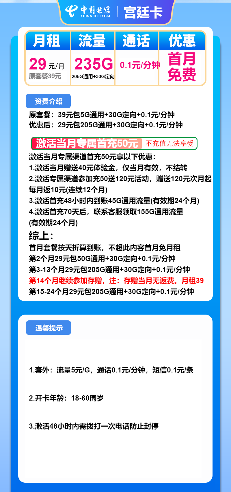 电信宫廷卡29元/月：235G流量 +通话0.1元/分钟（2年套餐）