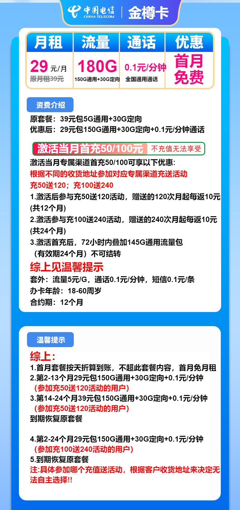 电信金樽卡29元/月：180G流量+通话0.1元/分钟（2年套餐，大流量卡）