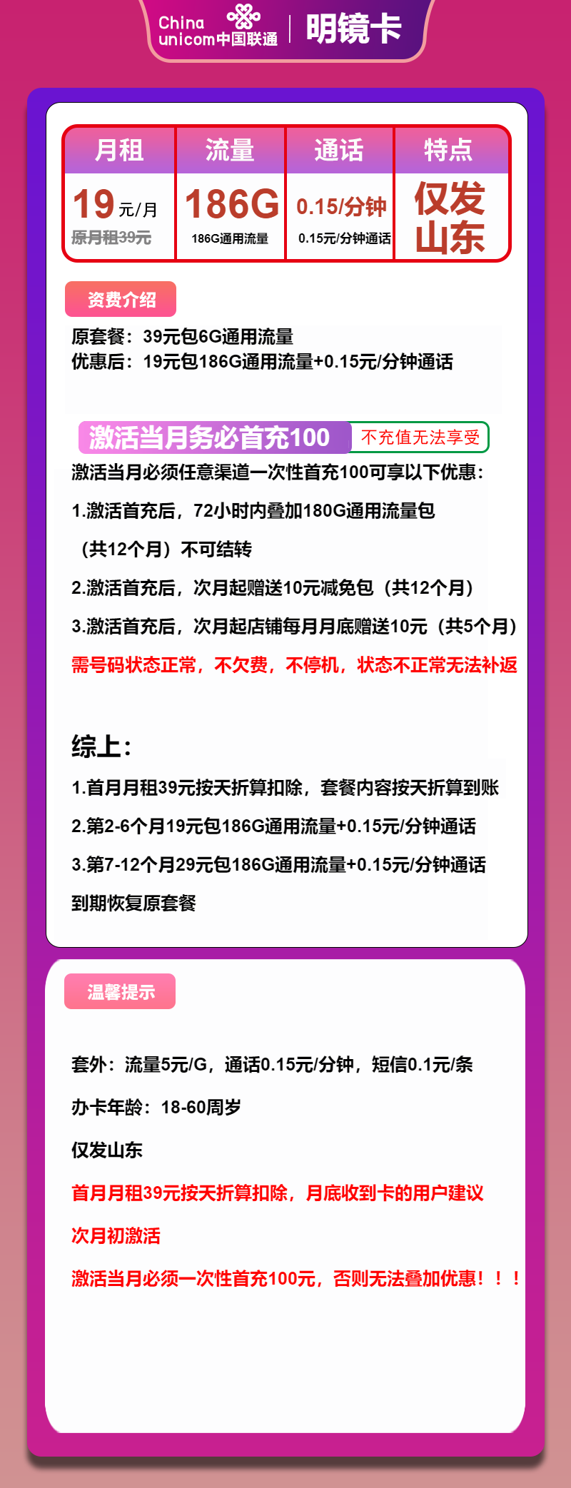 联通明镜卡19元/月：186G流量+通话0.15元/分钟（第7个月起29元月租，1年套餐，大流量卡，仅发山东省内）