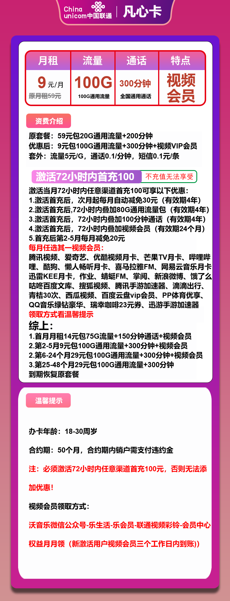 联通凡心卡9元/月：100G流量+300分钟通话+视频会员（第6个月起29元月租，4年套餐）