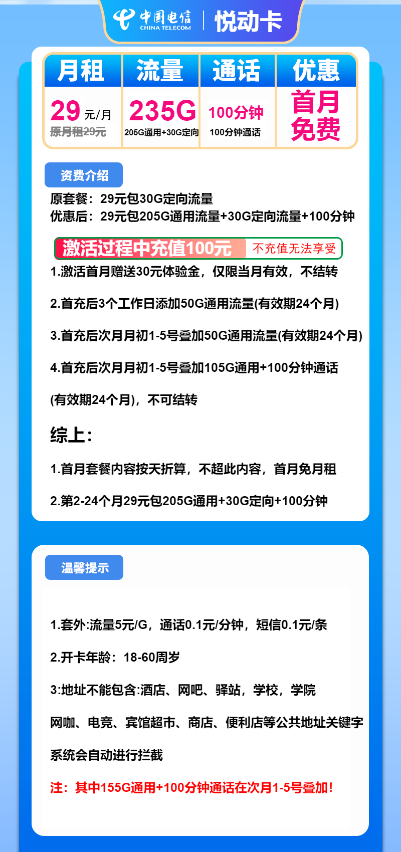 电信悦动卡29元/月：235G流量+100分钟通话（2年套餐）