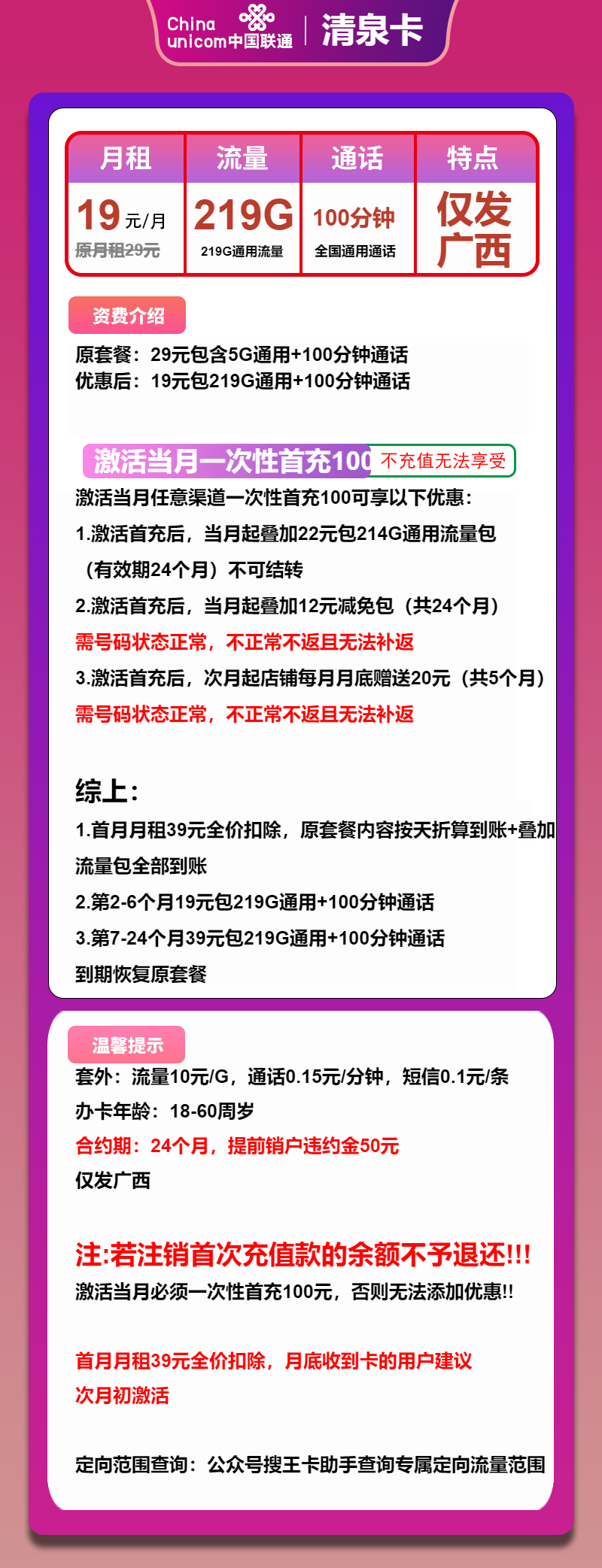 联通清泉卡19元/月：219G流量+100分钟通话（第7个月起39元月租，仅发广西省内）