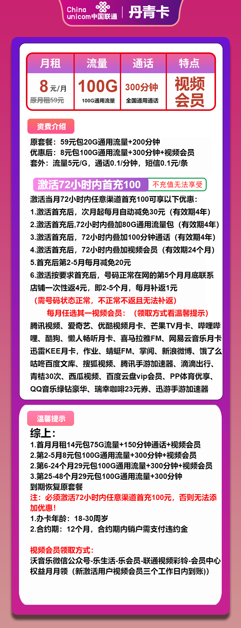 联通丹青卡8元/月：100G流量+300分钟通话+视频会员（第6个月起29元月租，4年套餐）