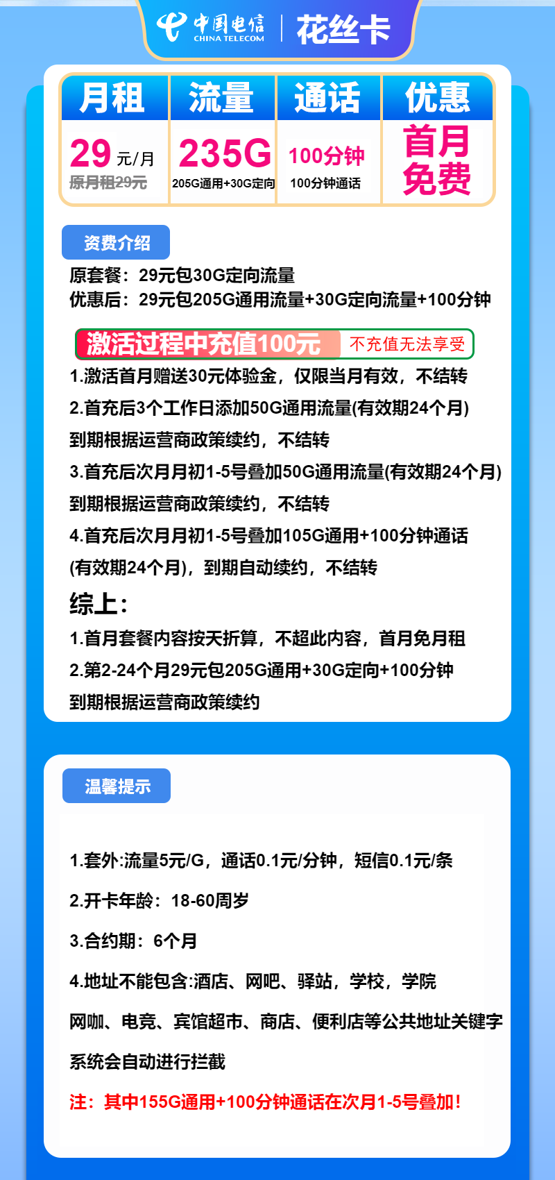 电信花丝卡29元/月：235G流量+100分钟通话