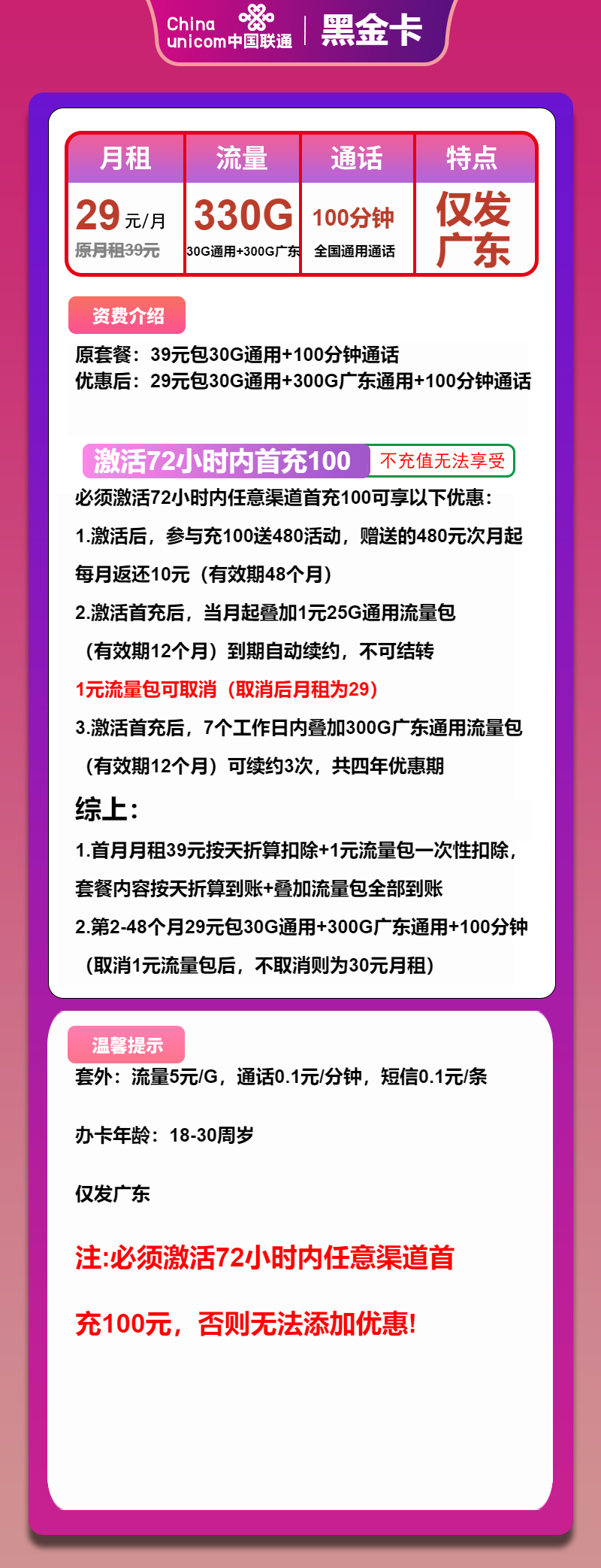 联通黑金卡29元/月：330G流量+100分钟通话（4年套餐，超大流量卡，仅发广东省内）