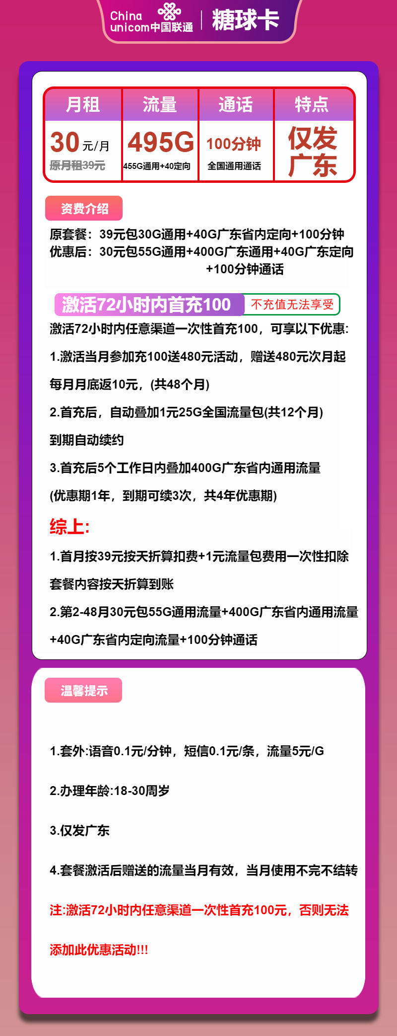 联通糖球卡①30元/月：495G流量+100分钟通话（4年套餐，仅发广东省内）