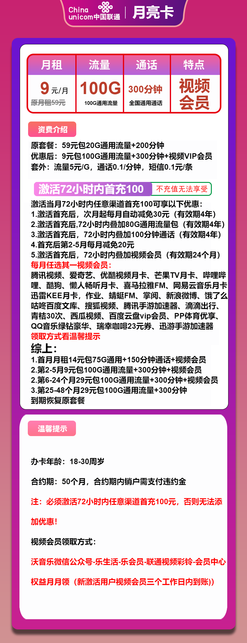 联通月亮卡9元/月：100G流量+300分钟通话+视频会员（第6个月起29元月租，4年套餐，送2年视频会员，仅发浙江省内）