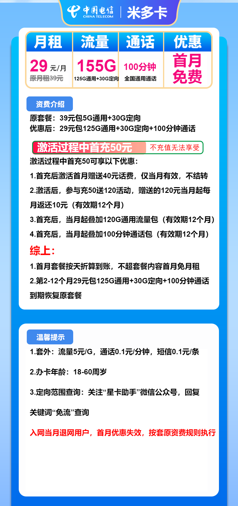 电信米多卡29元/月：155G流量+100分钟通话（1年套餐）