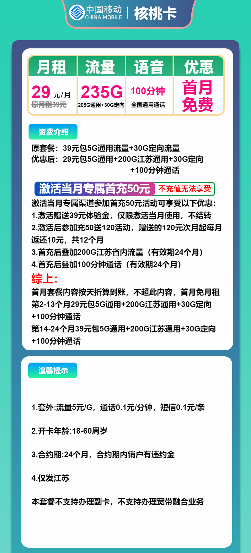 移动核桃卡29元/月：235G流量+100分钟通话（第14个月起39元月租，2年套餐，仅发江苏省内）