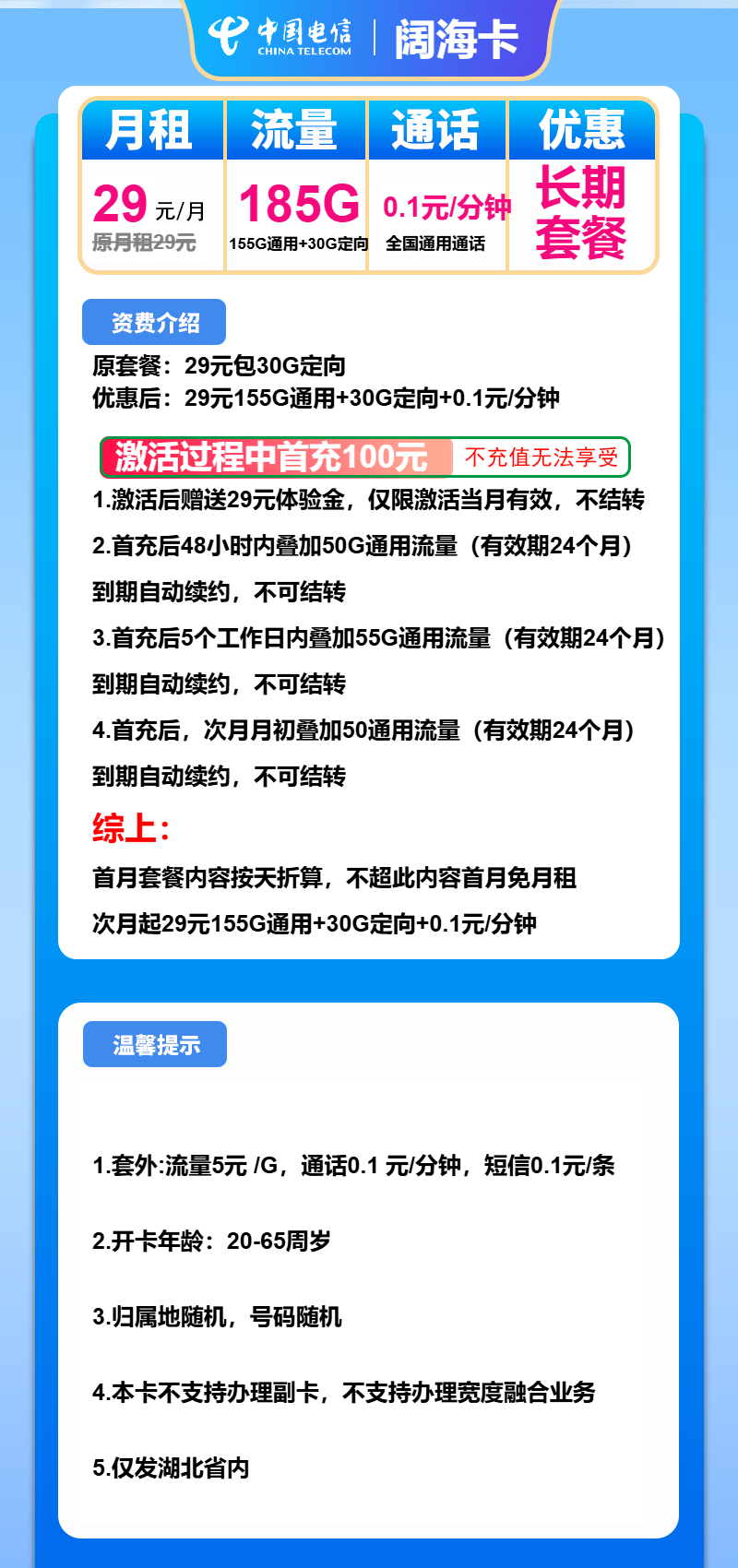 电信阔海卡29元/月：185G流量+通话0.1元/分钟（长期套餐，激活选号，仅发湖北省内）