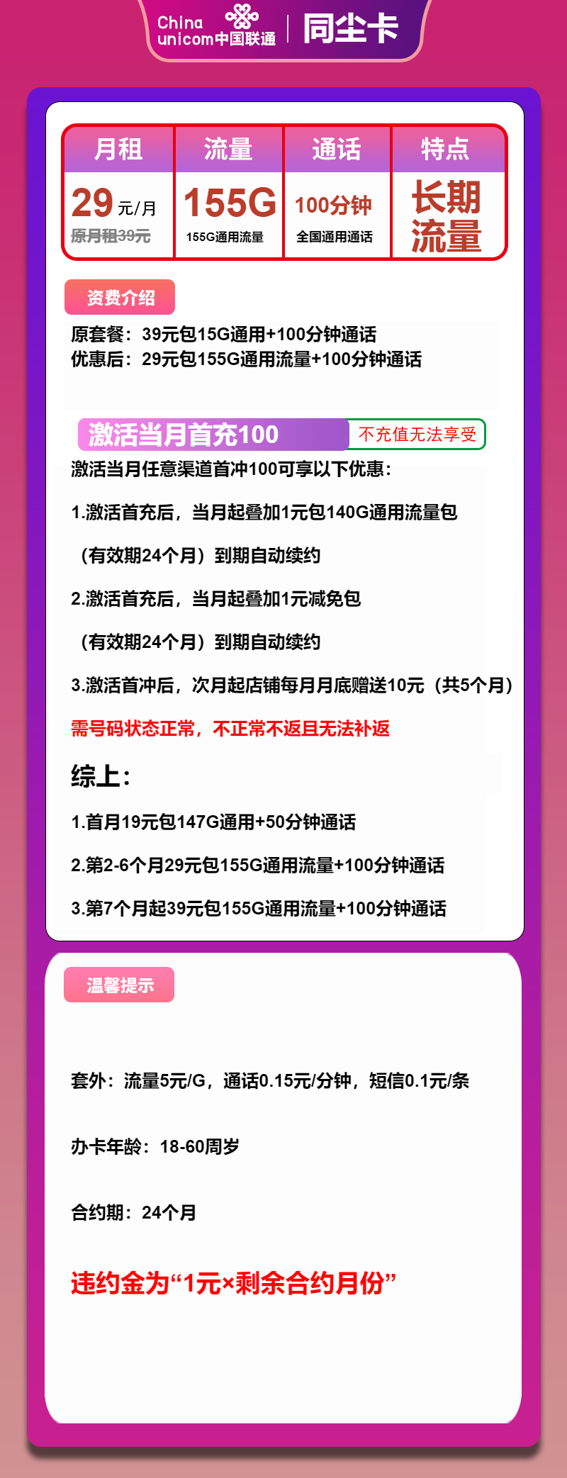 联通同尘卡29元/月：155G流量+100分钟通话（长期套餐，155555号段，仅发安徽省内）