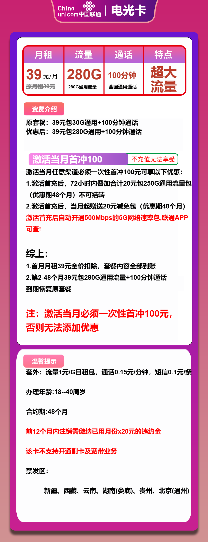 联通电光卡39元/月：280G流量+100分钟通话（4年套餐）